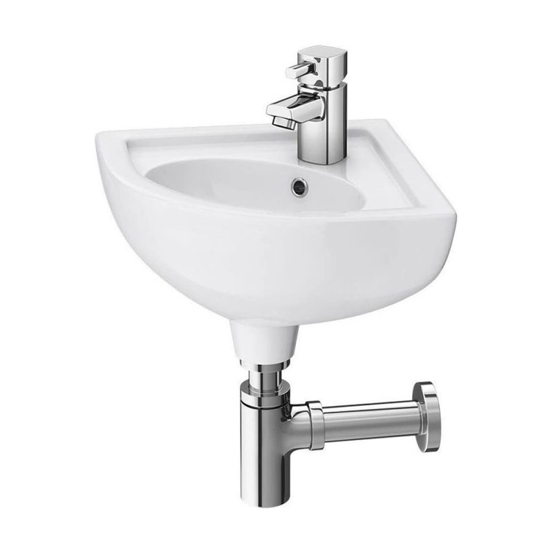 Lavabo angolare sospeso 44x36 cm salvaspazio in ceramica bianca lucida