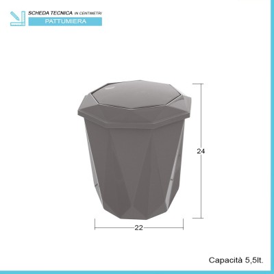 Scheda tecnica cestino bagno capacità 5,5 lt in plastica grigia con coperchio basculante