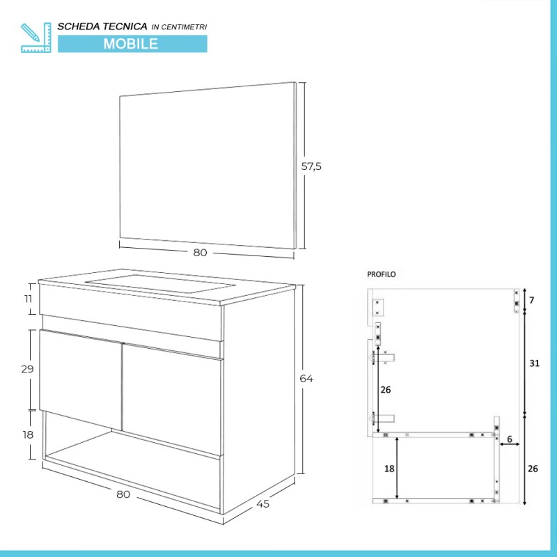 Bagno completo con mobile sospeso 80 cm blu esotico 2 ante con specchio  sanitari e miscelatori 