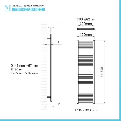 Scheda tecnica Scaldasalviette termoarredo 450 x 1800 interasse 400 mm