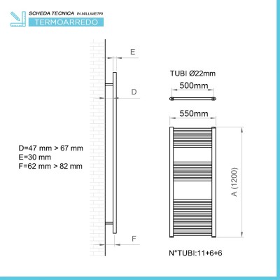 Scheda tecnica Radiatore scaldasalviette termoarredo 550 x 1200 Interasse 50 mm