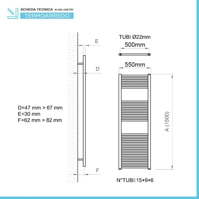 Scheda tecnica Radiatore scaldasalviette termoarredo 550 x 1500 interasse 500 mm