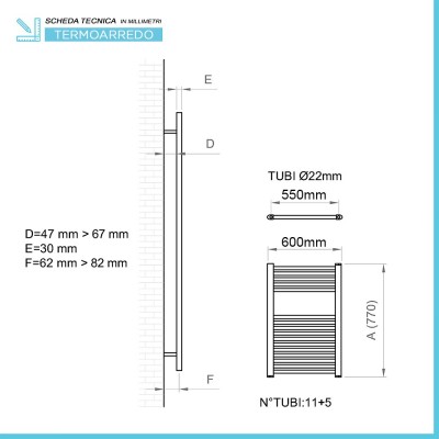 Scheda tecnica Radiatore termoarredo scaldasalviette 600 x 770 Interasse 550 mm