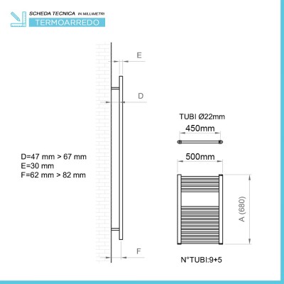 Scheda tecnica Termoarredo scaldasalviette Cromo 500x680 Interasse 450 mm