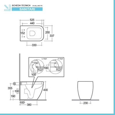 Scheda tecnica wc serie Metropolitan con scarico a parete e copriwc ultraslim rallentato