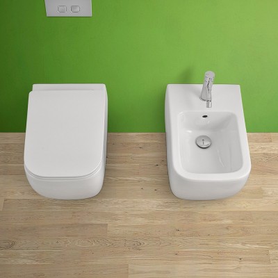 Set di sanitari filomuro Metropolitan bianco lucido con copriwc ultraslim soft close