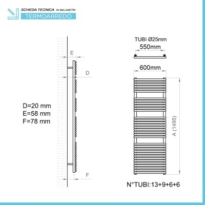 Scheda tecnica Radiatore design Bianco 600x1500 Interasse 550 mm