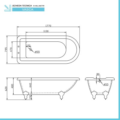 Scheda tecnica della Vasca da bagno freestanding classica Ann