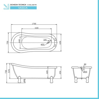 Scheda tecnica della Vasca da bagno freestanding classica Mary