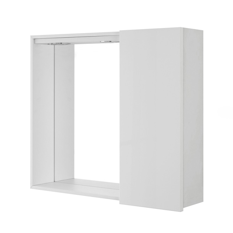 Specchio contenitore 68x61 cm bianco lucido con anta a destra e LED