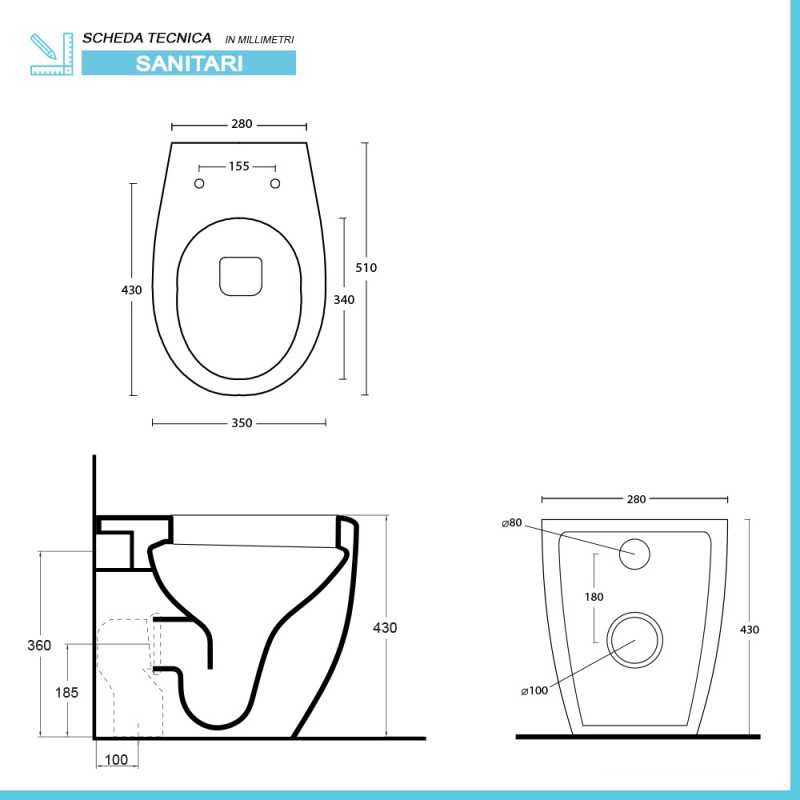 Water singolo filomuro Nido scarico senza brida e copriwater soft close