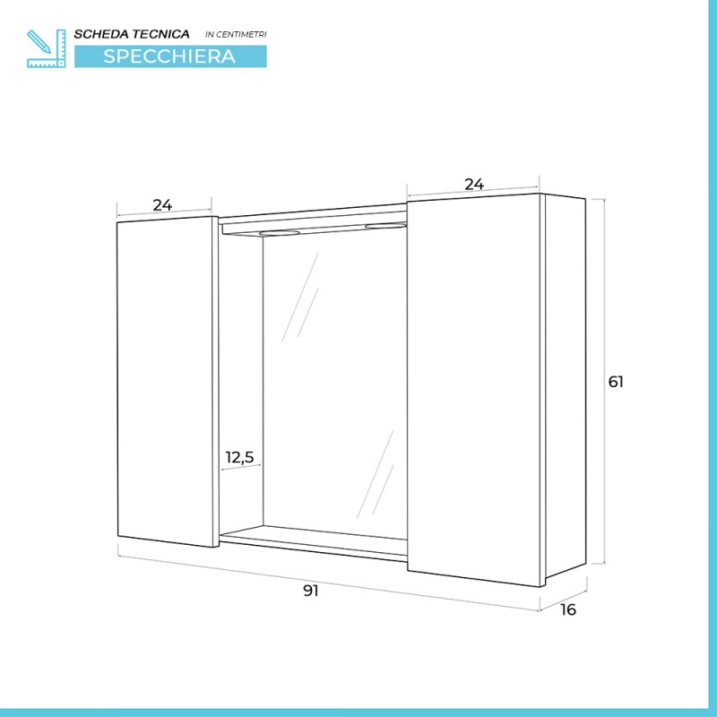 Specchiera contenitore per bagno modello Square in 20 colori da 90x60hx20p  cm