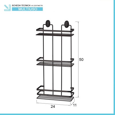 Mensola rettangolare per doccia 3 ripiani in acciaio nero - Velner