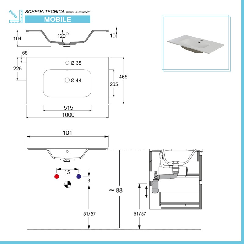 Lavabo ad incasso 100 cm in ceramica bianco lucido