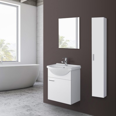 Mobiletto per bagno sospeso 56x45 cm 1 anta reversibile bianco con lavabo in ceramica e specchio da parete