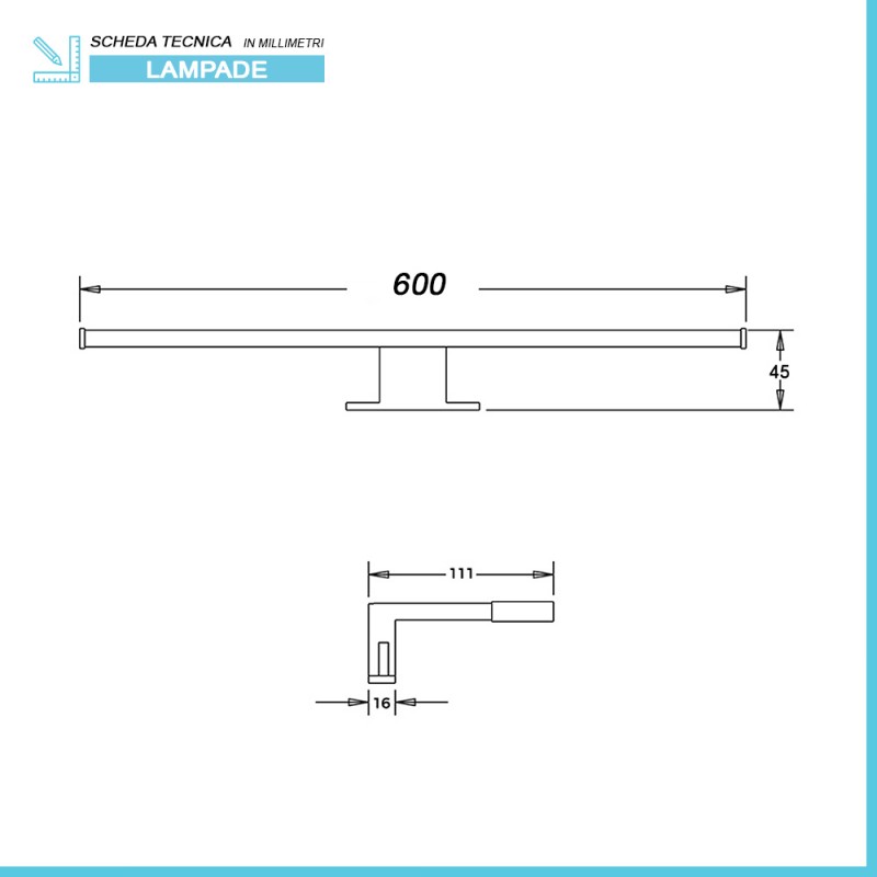 Lampada faretto a Led 30 cm per specchio da bagno ABS cromato montaggio  universale