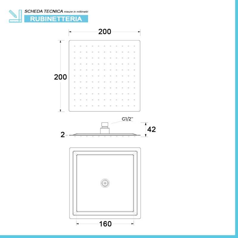 Soffione doccia quadrato 20x20 cm in acciaio inox nero opaco anticalcare