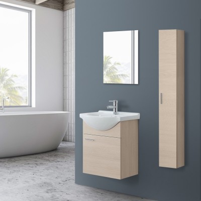 Mobile per bagno sospeso 56x45 cm 1 anta reversibile larice con lavandino in ceramica e specchio da parete