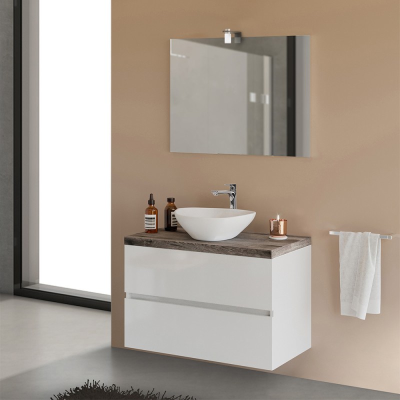 Mobile bagno sospeso 80 Town bianco top rovere fossile per lavabo dappoggio