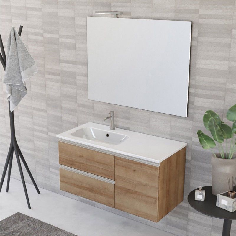 Composizione bagno sospesa 100 cm Master rovere con top e specchio