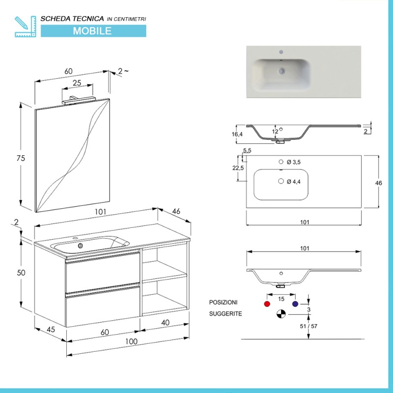 Mobile bagno sospeso 100 cm Master grigio con lavabo e specchio