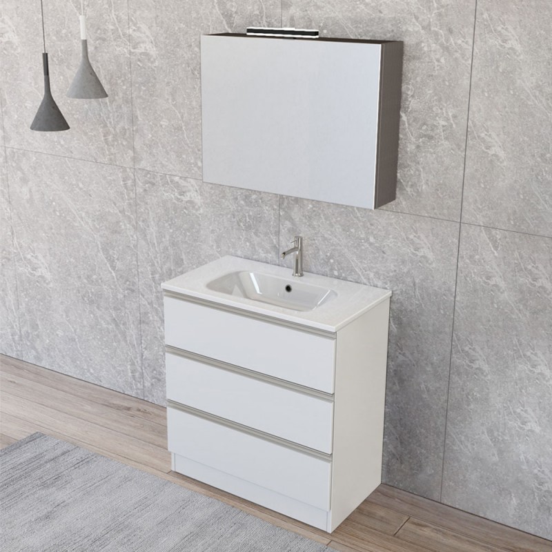 Mobile bagno a terra 80 cm Master bianco con lavabo e specchio contenitore