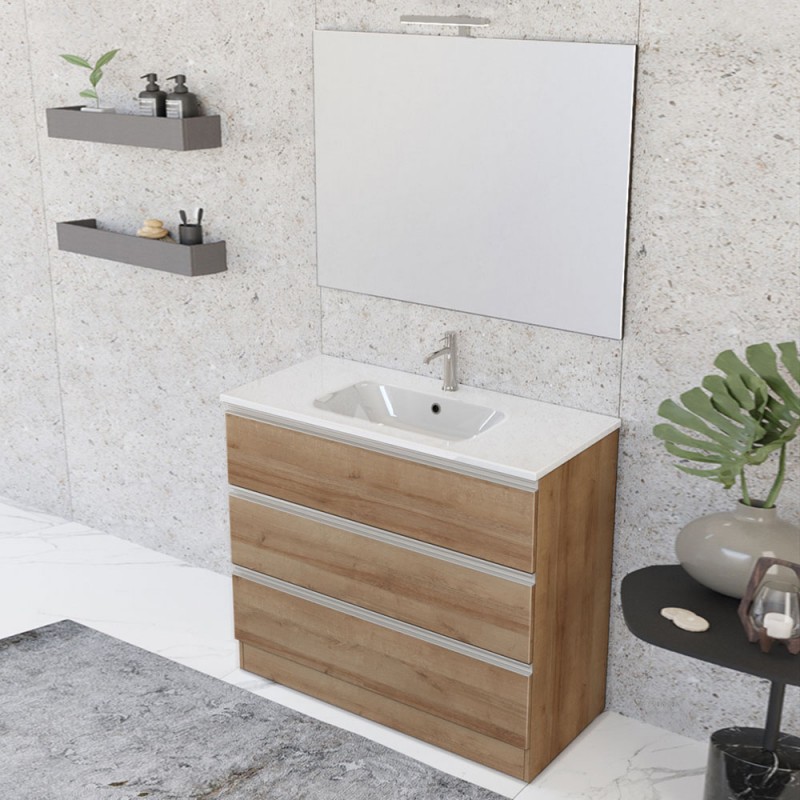 Mobile bagno a terra 100 cm Master rovere con lavabo e specchio