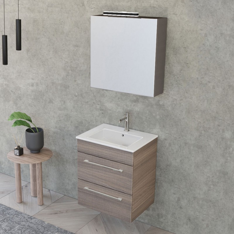 Mobile bagno sospeso 55 cm Smart olmo con lavabo e specchio
