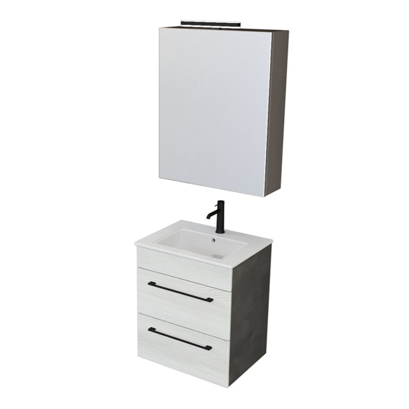 Mobile bagno sospeso 55 cm Smart bianco legno/lava con lavabo e specchio