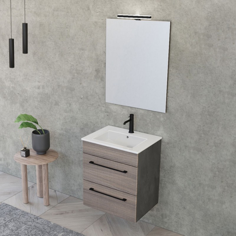 Mobile bagno sospeso 55 cm Smart olmo/lava con lavabo e specchio