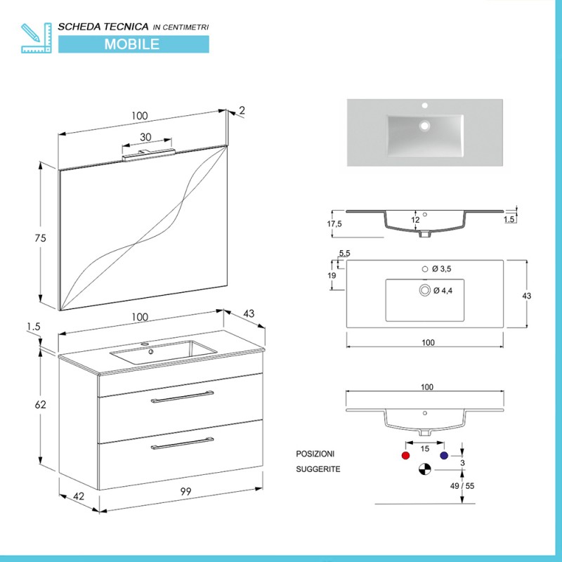 Composizione mobile bagno sospeso 100 cm - Emmeffeci