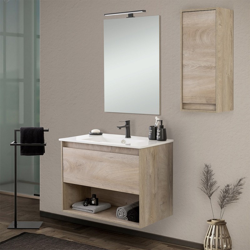 Mobile da bagno sospeso 80 cm rovere alaska con pensile e specchio Oasi