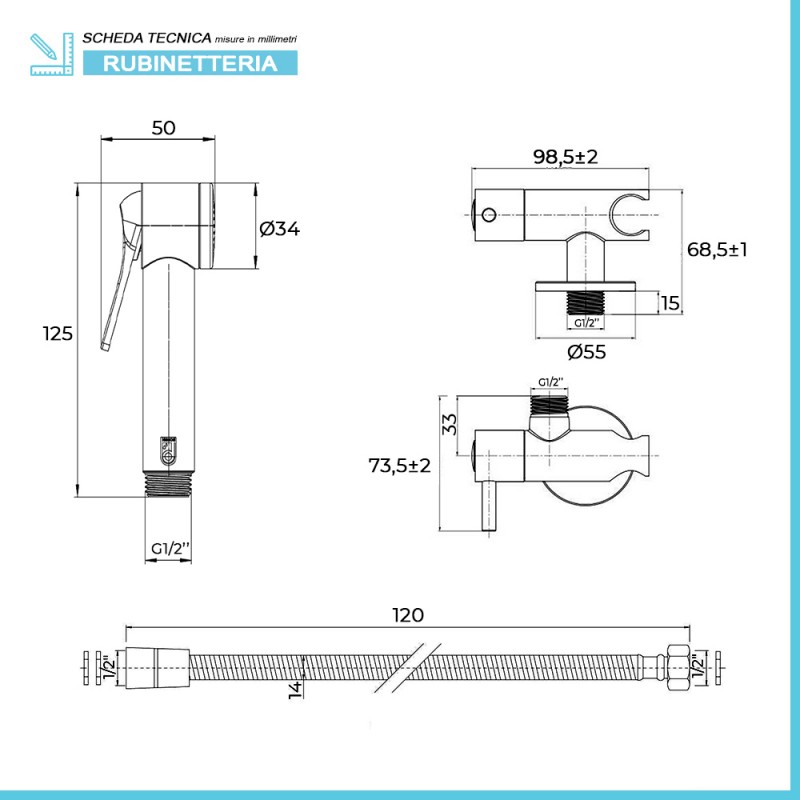 Doccetta ad incasso cromato per WC-Bidet con Supporto, Flessibile Acqua  Calda e Fredda RB169