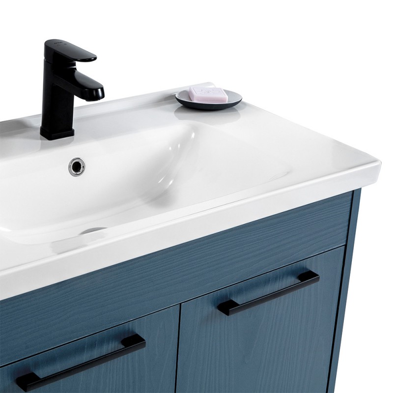 Mobile bagno sospeso 100 cm blu effetto legno con armadietto a specchio  Sofia