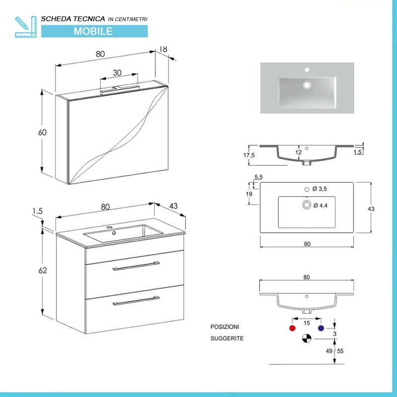 ARREDO BAGNO MOBILE SOFT 04 cm.80 SPECCHIO CONTENITORE FINITURA OLMO TERRA