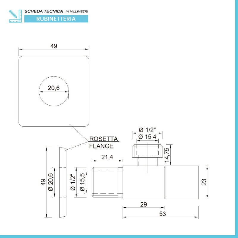 Rubinetto sottolavabo quadrato 1/2” x 1/2” cromato