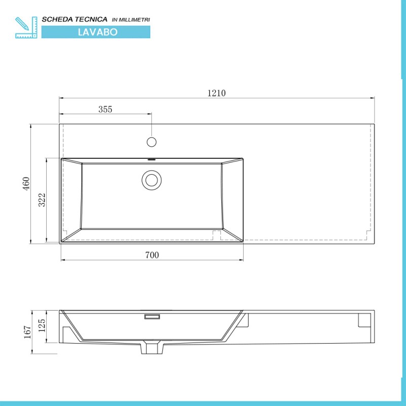 Lavabo sospeso in resina 120 cm vasca sinistra bianco lucido