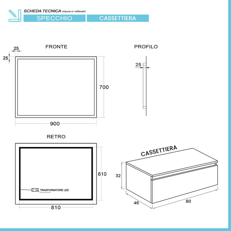 Mobile bagno sospeso 60 cm grigio perla lavabo 120 destro e specchio LED  Iside