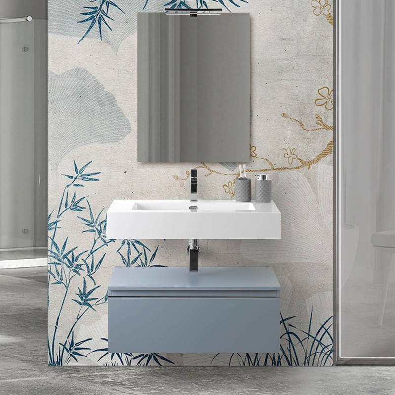 Mobile bagno 80 cm blu pastello lavabo sospeso e specchio Iside