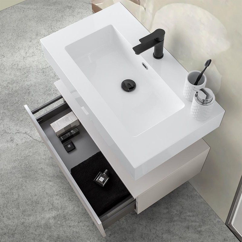 Mobile sospeso 80 cm bianco lucido doppia base lavabo e specchio Iside