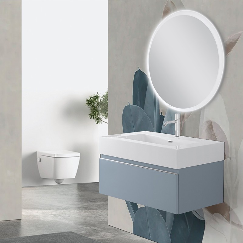 Mobile sospeso 80 cm blu pastello lavabo in resina e specchio LED Iside