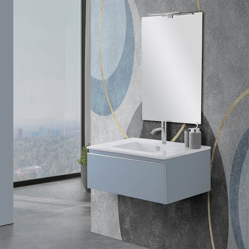 Mobile sospeso 80 cm blu pastello con lavabo incasso e specchio Iside 