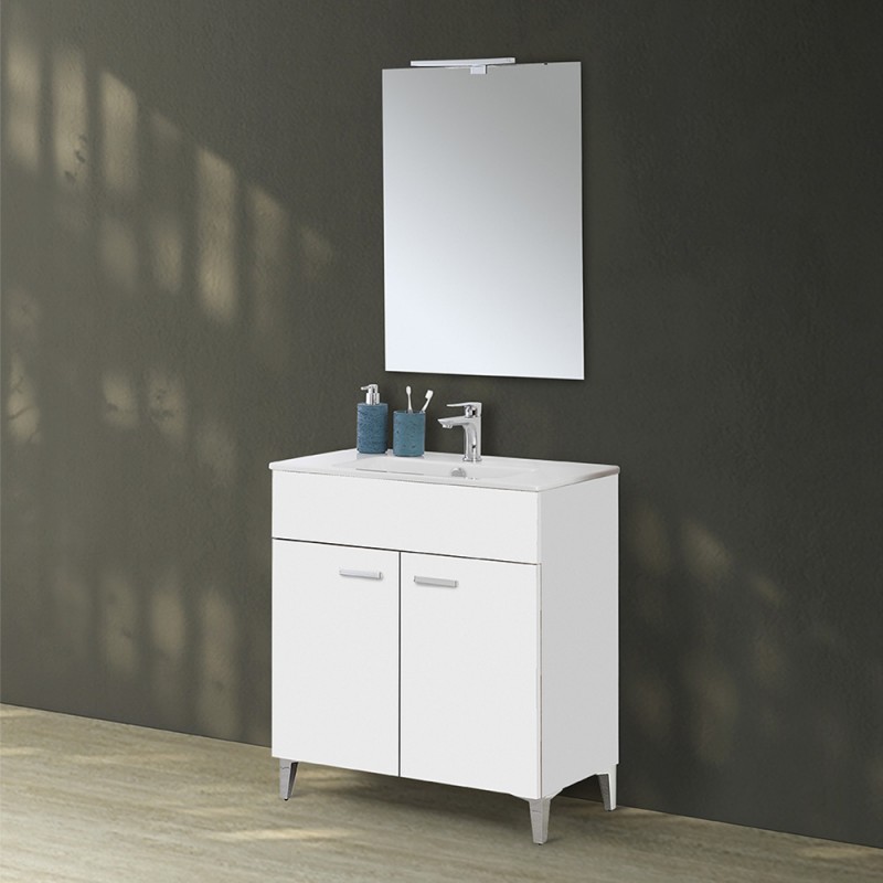 Mobile bagno a terra 80 bianco con lavabo e specchio LED  Martha