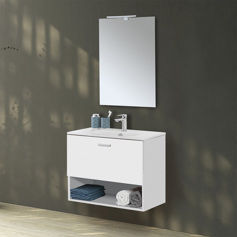 Mobile bagno sospeso 80 bianco con lavabo e specchio LED  Martha