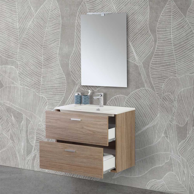 Mobile da bagno sospeso 80cm rovere chiaro con lavabo e specchio mod. Hana