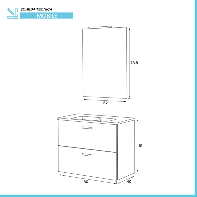 Mobile da bagno sospeso 80cm rovere chiaro con lavabo e specchio mod. Hana