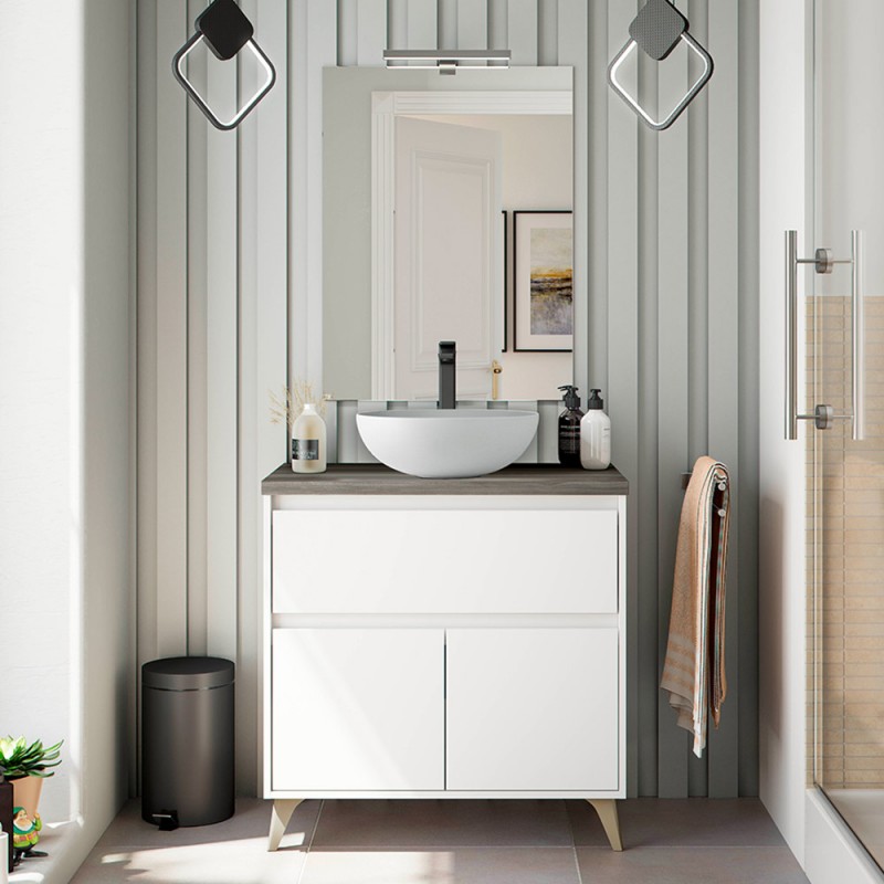 Mobile bagno da terra 80 legno bianco con lavabo e specchio  Lucy