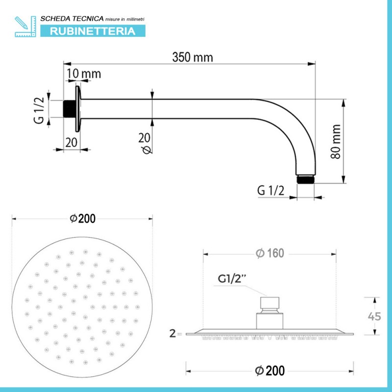 Set doccia incasso Erika con soffione doccia a muro 22x50 in acciaio inox