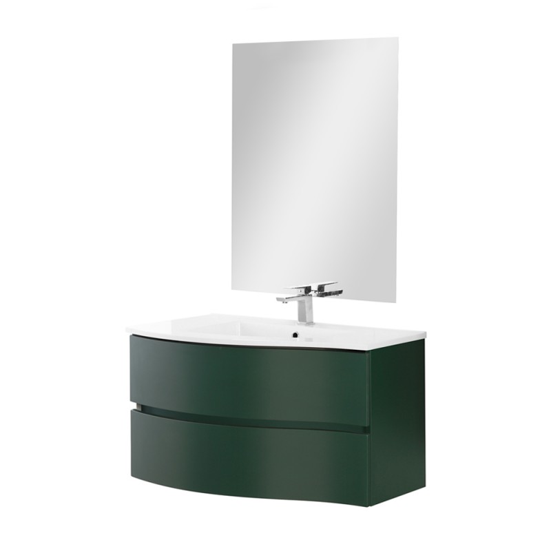 Mobile bagno sospeso curvo 90 verde con lavabo e specchio cm Minori 