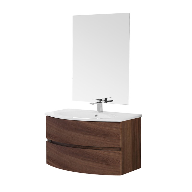 Mobile bagno sospeso 90 noce con lavabo e specchio 70x90 cm Maiori 